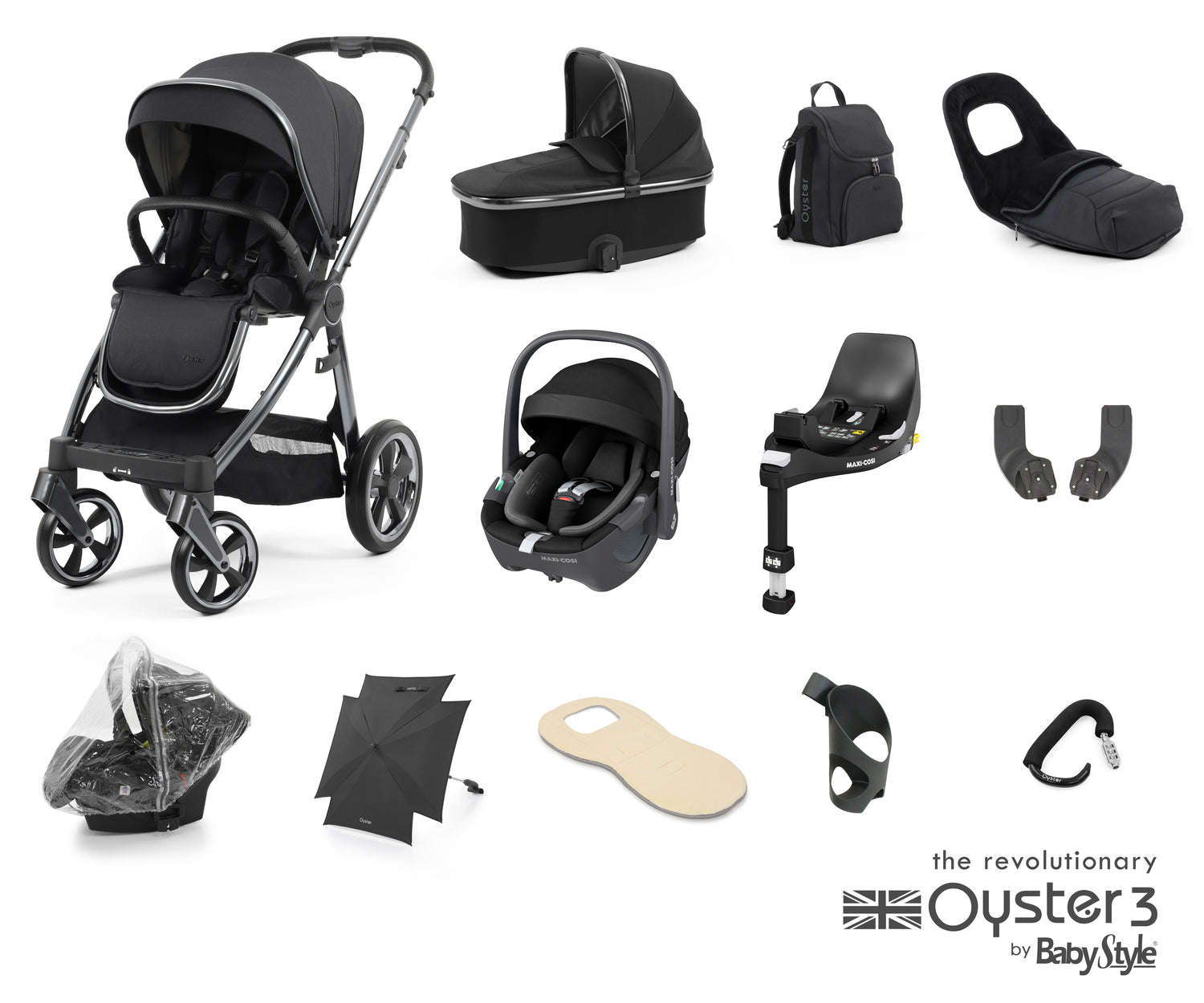 Babystyle Oyster 3 Ultimate 12 Piece Travel System Bundle With Pebble 360 - Carbonite - For Your Little One