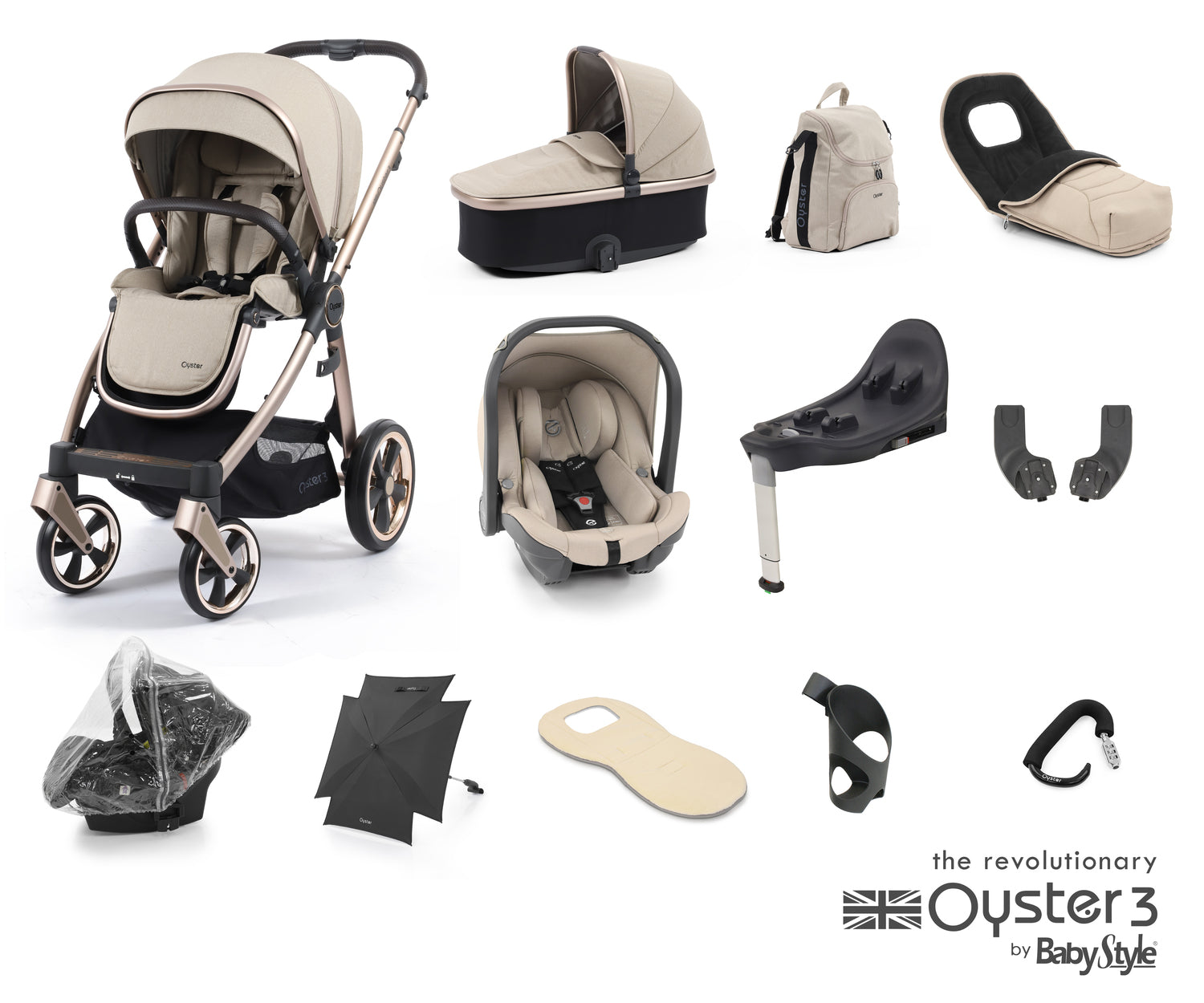 Babystyle Oyster 3 Ultimate 12 Piece Travel System Bundle - Creme Brulee - For Your Little One