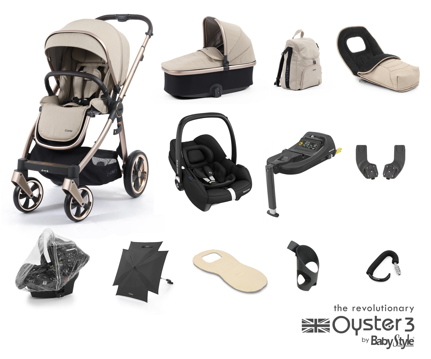 Babystyle Oyster 3 Ultimate 12 Piece Travel System Bundle With Cabriofix - Creme Brulee - For Your Little One
