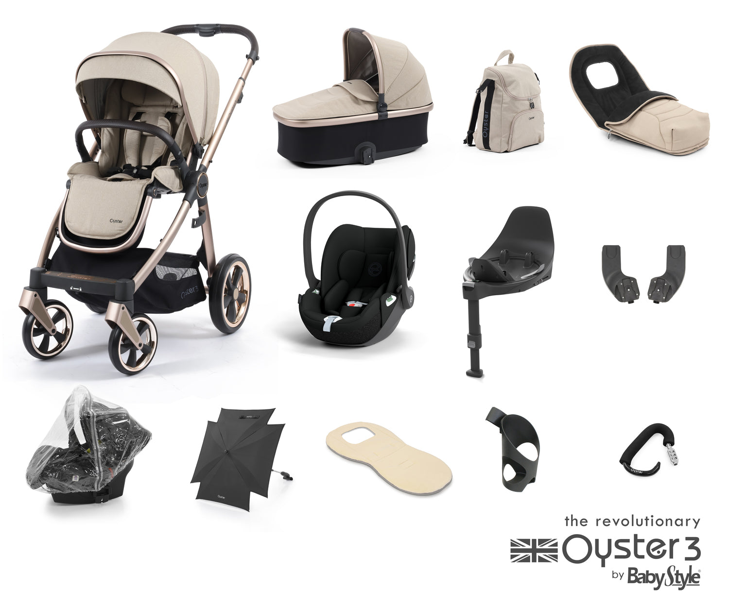 Babystyle Oyster 3 Ultimate 12 Piece Travel System Bundle With Cloud T - Creme Brulee - For Your Little One