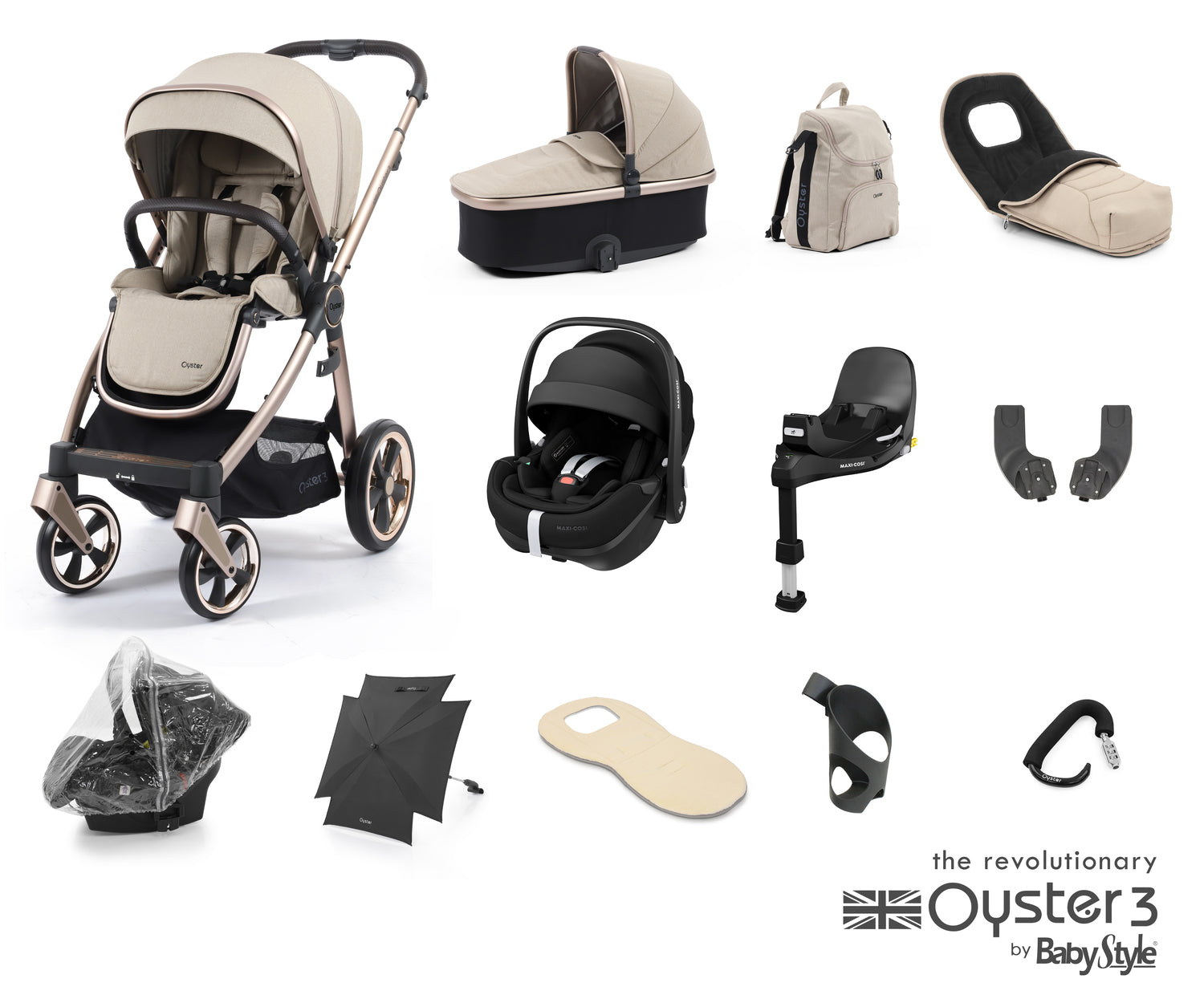 Babystyle Oyster 3 Ultimate 12 Piece Travel System Bundle With Pebble 360 Pro - Creme Brulee - For Your Little One