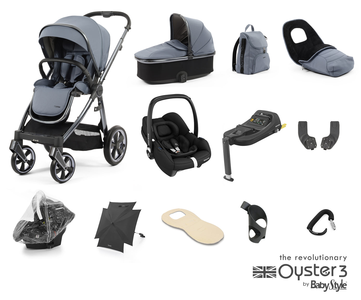 Babystyle Oyster 3 Ultimate 12 Piece Travel System Bundle With Cabriofix - Dream Blue - For Your Little One