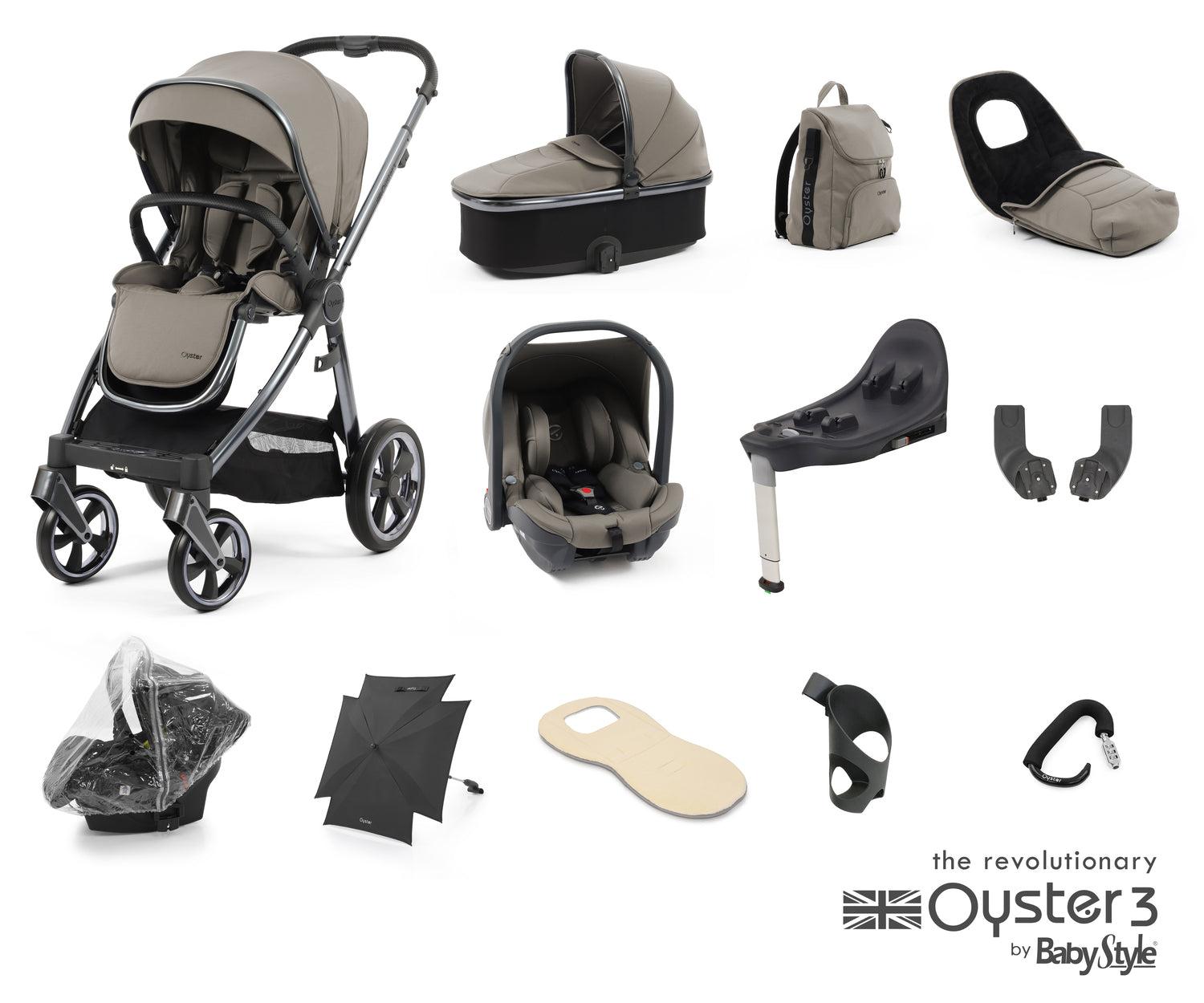 Babystyle Oyster 3 Ultimate 12 Piece Travel System Bundle - Stone -  | For Your Little One