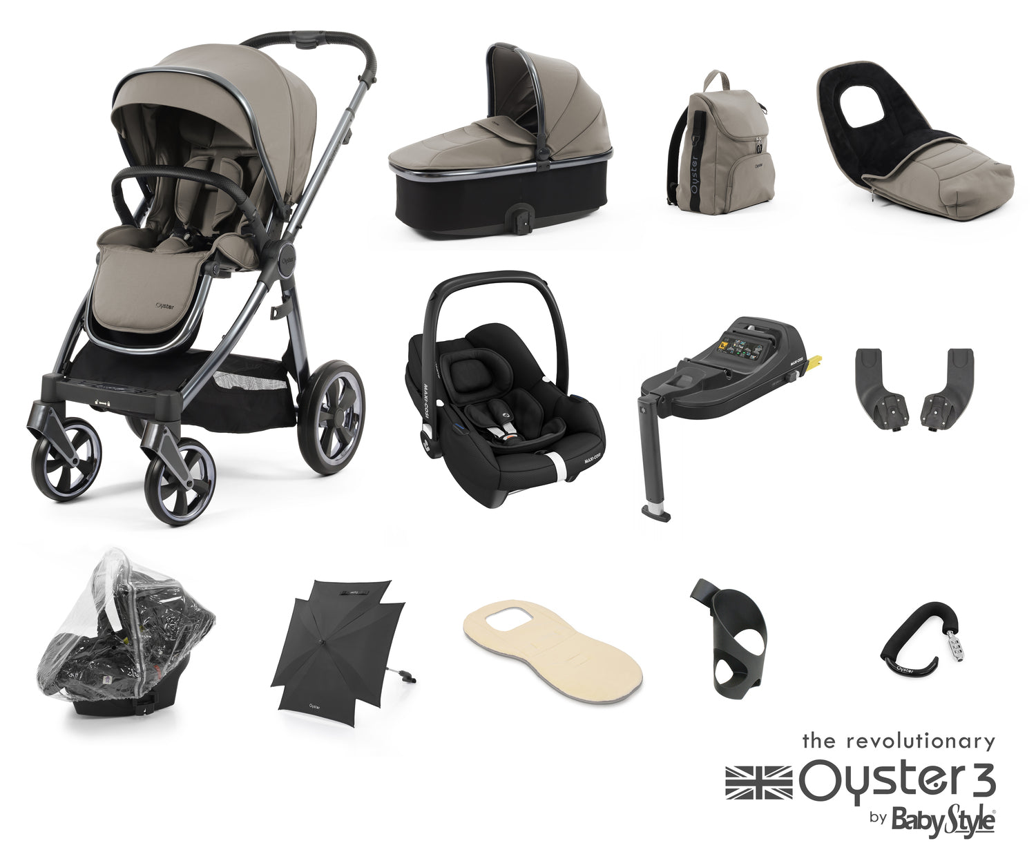 Babystyle Oyster 3 Ultimate 12 Piece Travel System Bundle With Cabriofix - Stone -  | For Your Little One