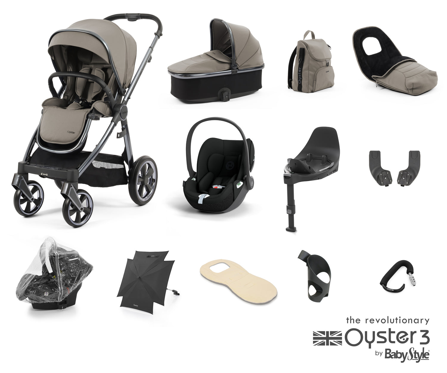 Babystyle Oyster 3 Ultimate 12 Piece Travel System Bundle With Cloud T - Stone -  | For Your Little One