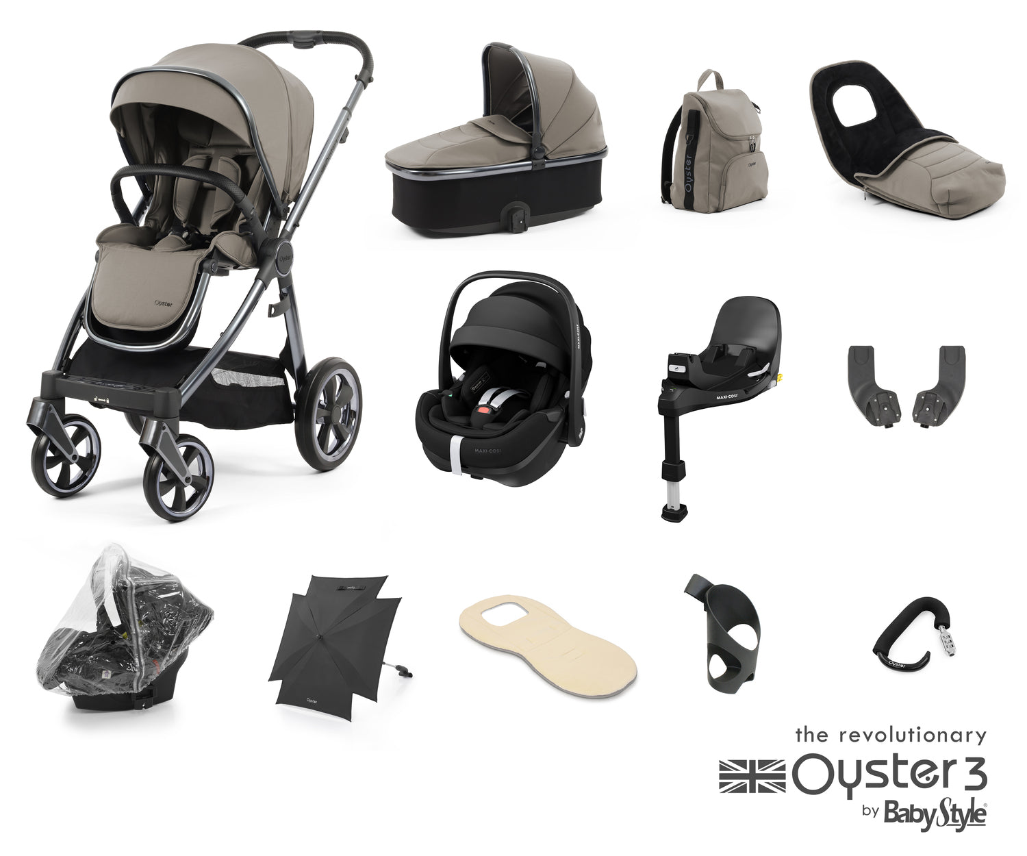 Babystyle Oyster 3 Ultimate 12 Piece Travel System Bundle With Pebble 360 Pro - Stone -  | For Your Little One