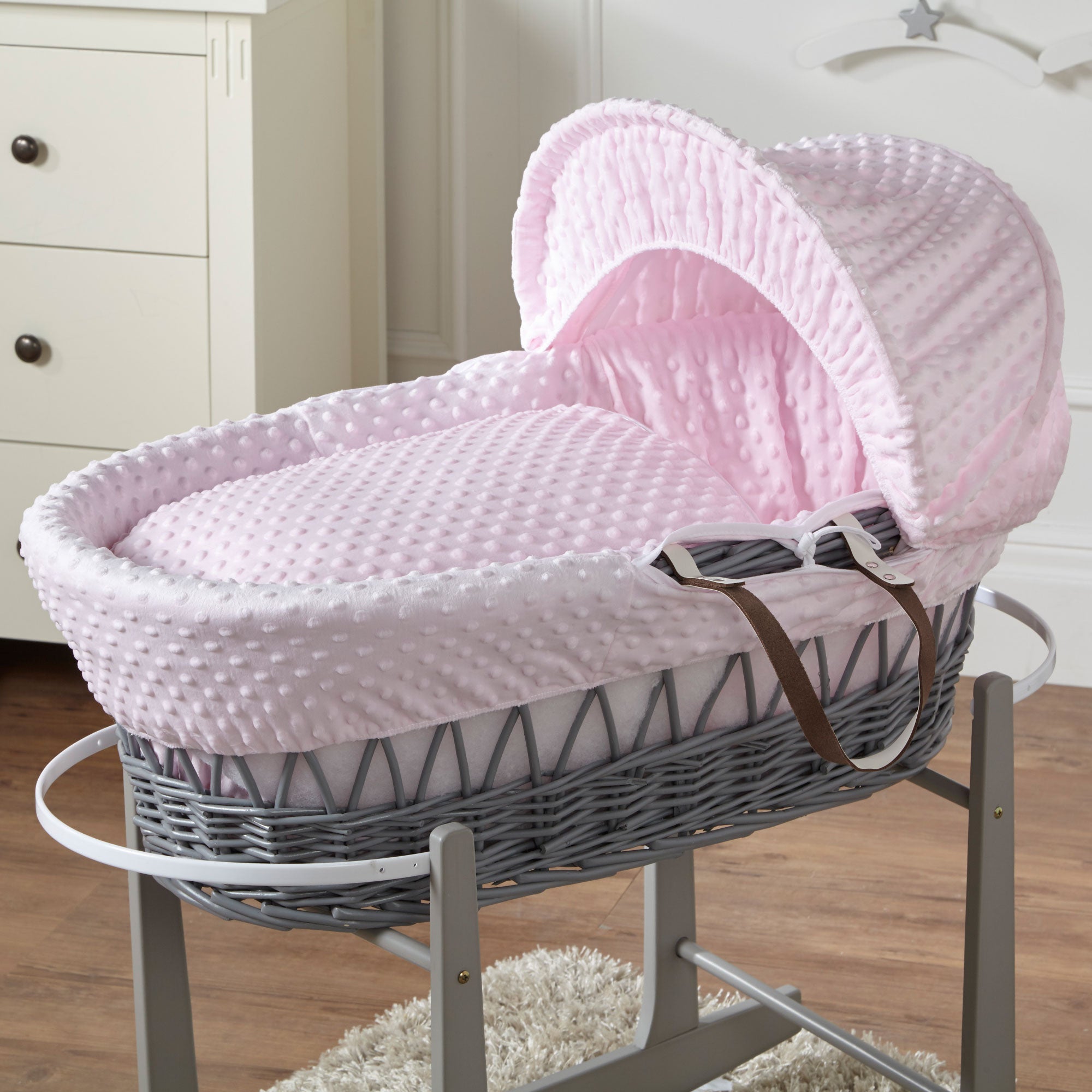 Pink Dimple Grey Wicker Baby Moses Basket With Stand   