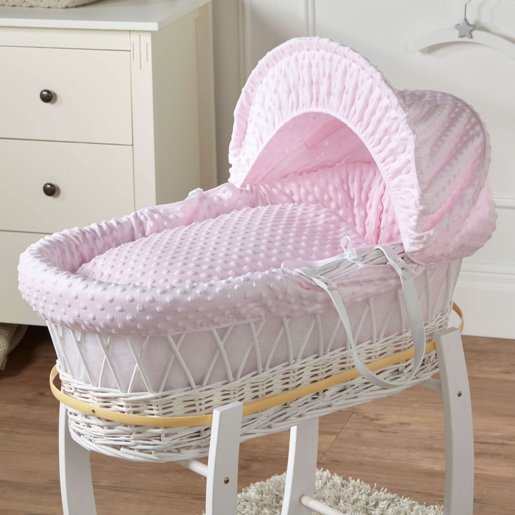 Pink Dimple White Wicker Baby Moses Basket With Stand   