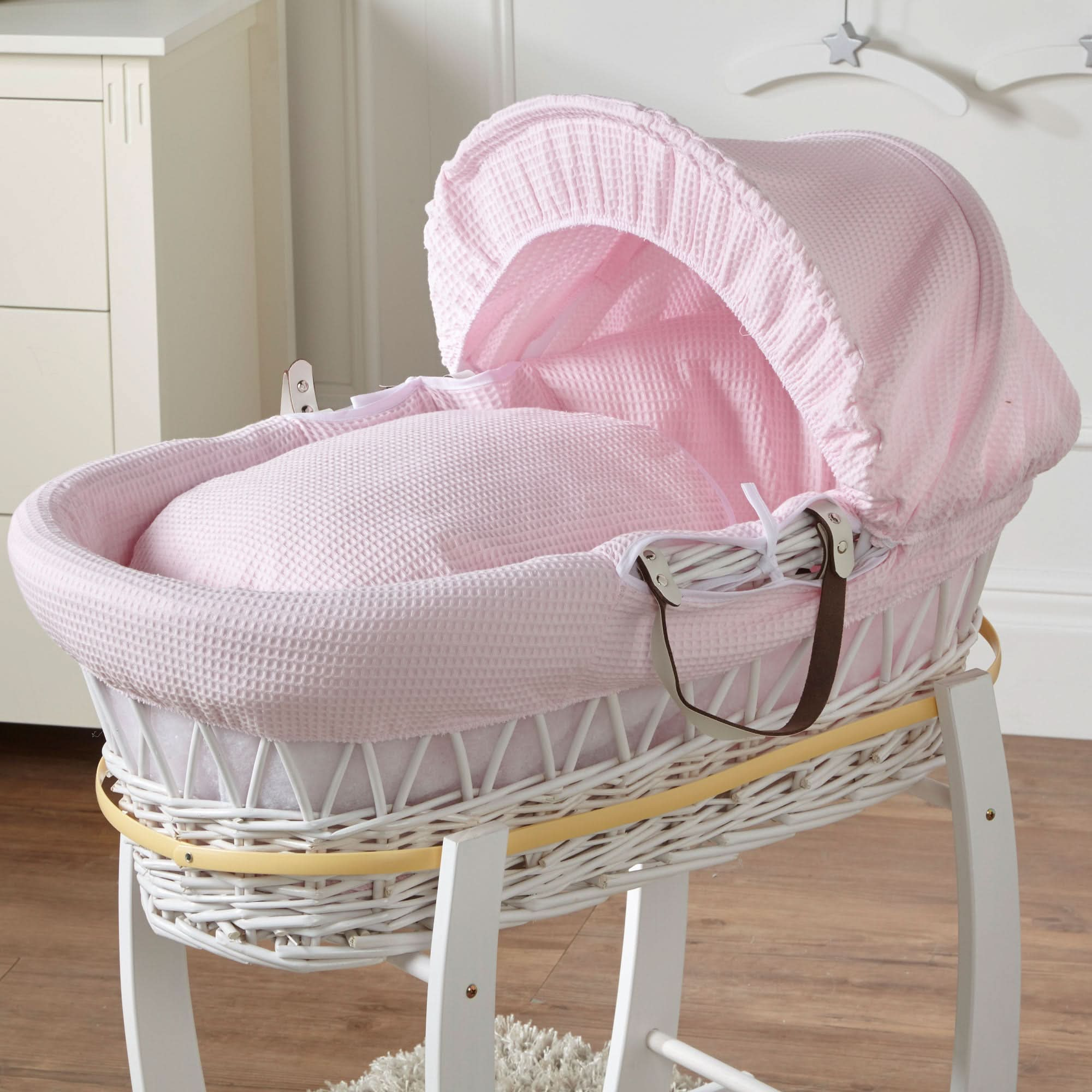 Pink Waffle White Wicker Baby Moses Basket With Stand   