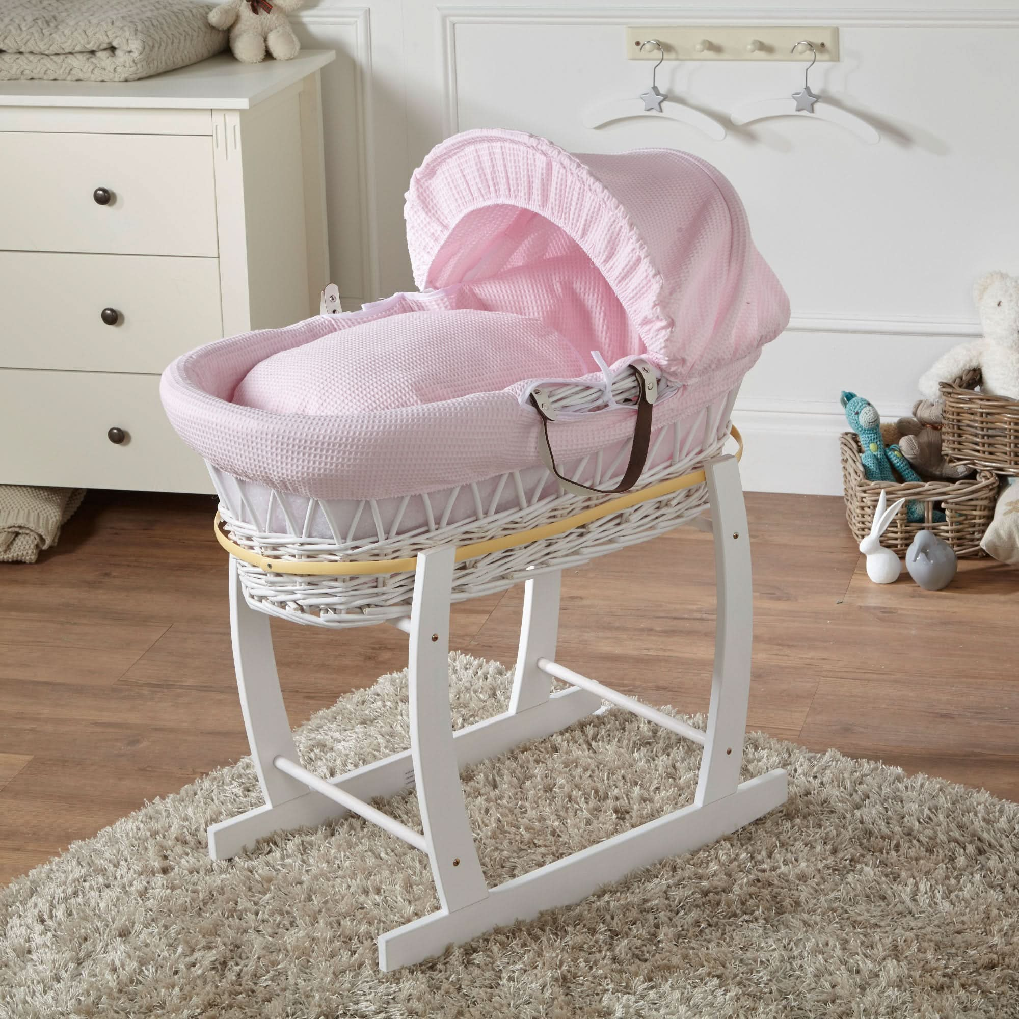 Pink Waffle White Wicker Baby Moses Basket With Stand   