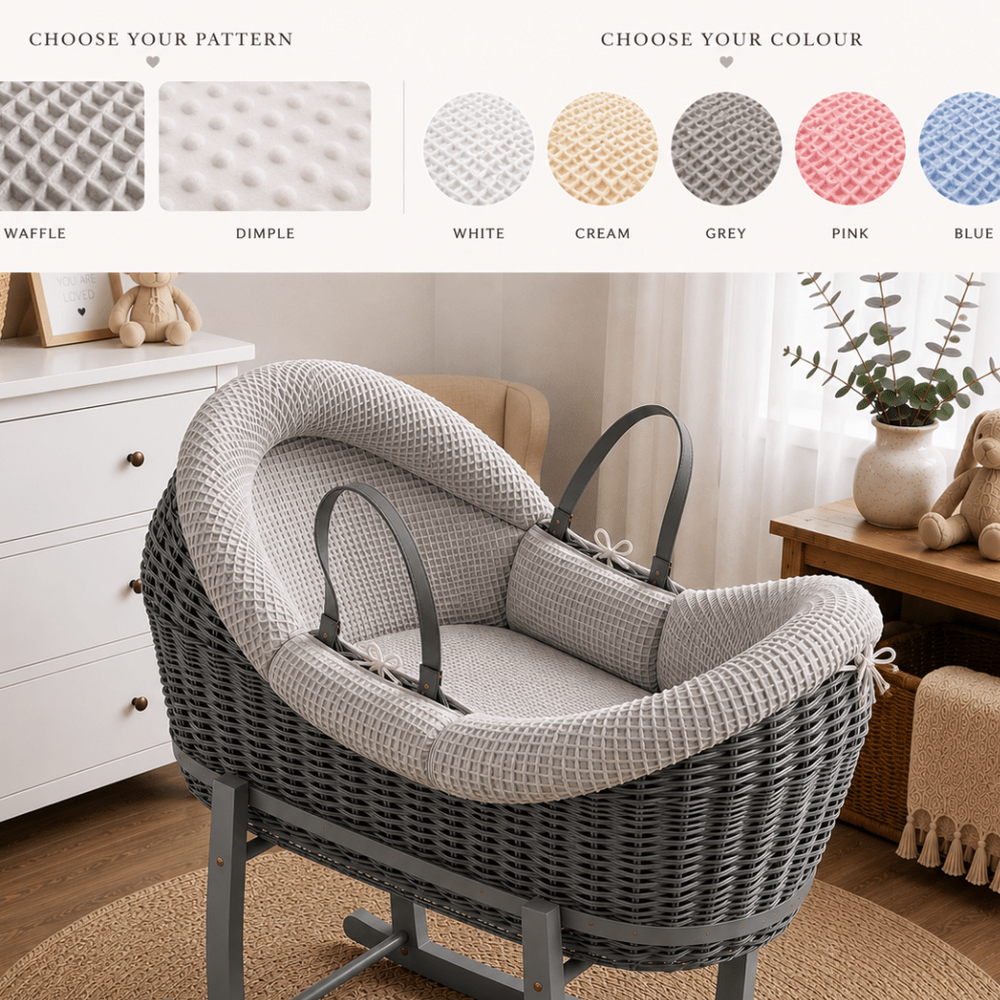 Gray wicker baby Moses basket with cushioned interior in a nursery setting, color options displayed above.
