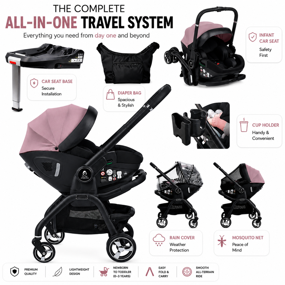 For Your Little One Qubi Infant Car Seat Stroller 7 Piece Bundle - Pastel Pink