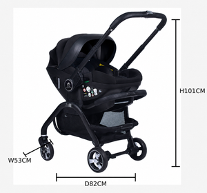 Black baby stroller with car seat and dimensions on a white background
