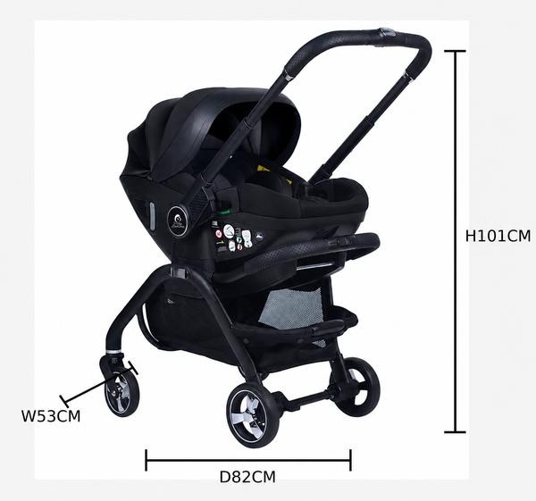Black baby stroller with car seat and dimensions on a white background