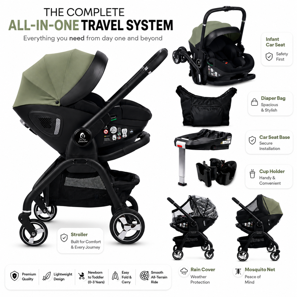 For Your Little One Qubi Infant Car Seat Stroller 7 Piece Bundle - Sage Green