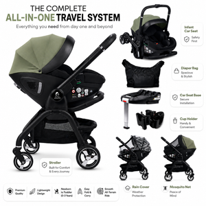 For Your Little One Qubi Infant Car Seat Stroller 7 Piece Bundle - Sage Green