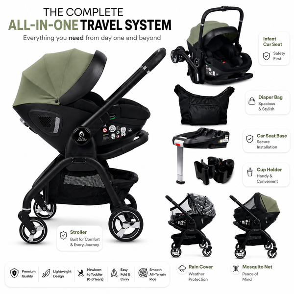 For Your Little One Qubi Infant Car Seat Stroller 7 Piece Bundle - Sage Green