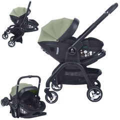 Black and green baby stroller and car seat set on a white background