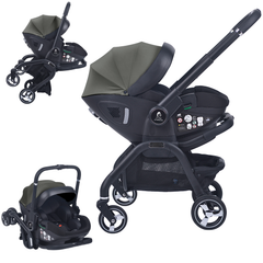 Black and green baby stroller and car seat set on a white background