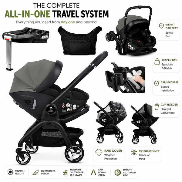 For Your Little One Qubi Infant Car Seat Stroller 7 Piece Bundle - Olive Grey