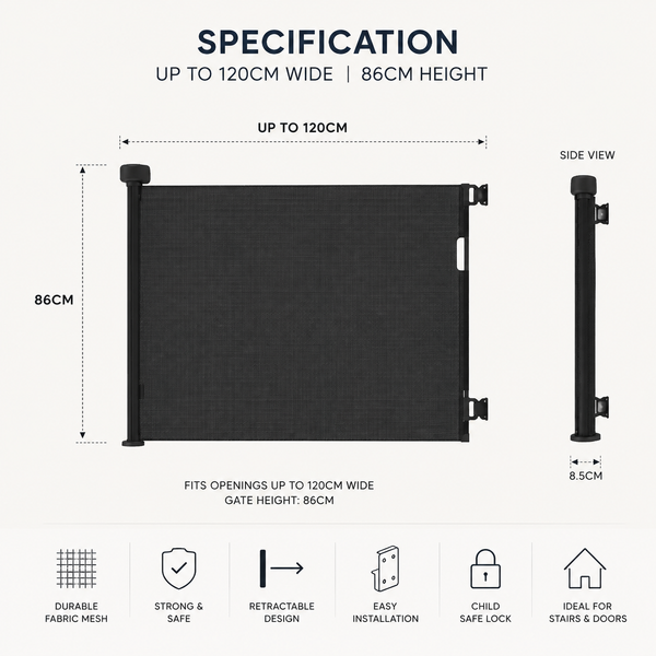FYLO Baby Fabric Safety Retractable Stair Gate - Grey (Upto 120cm Width)