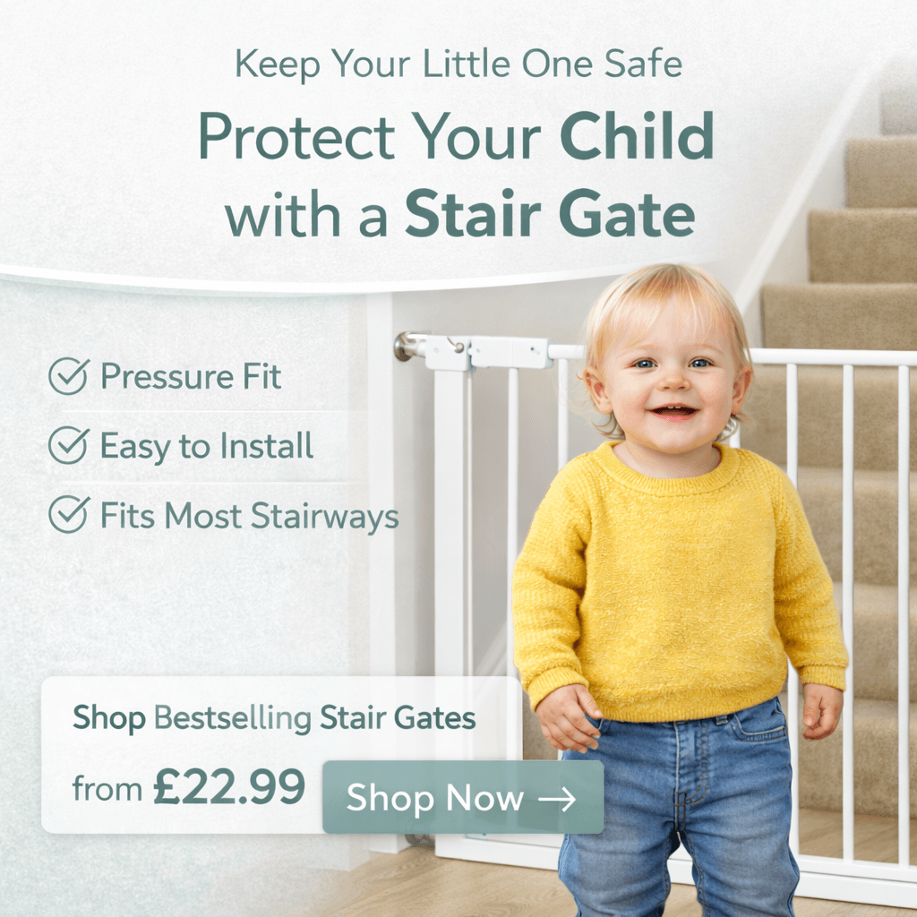 Child standing next to a stair gate with safety features highlighted