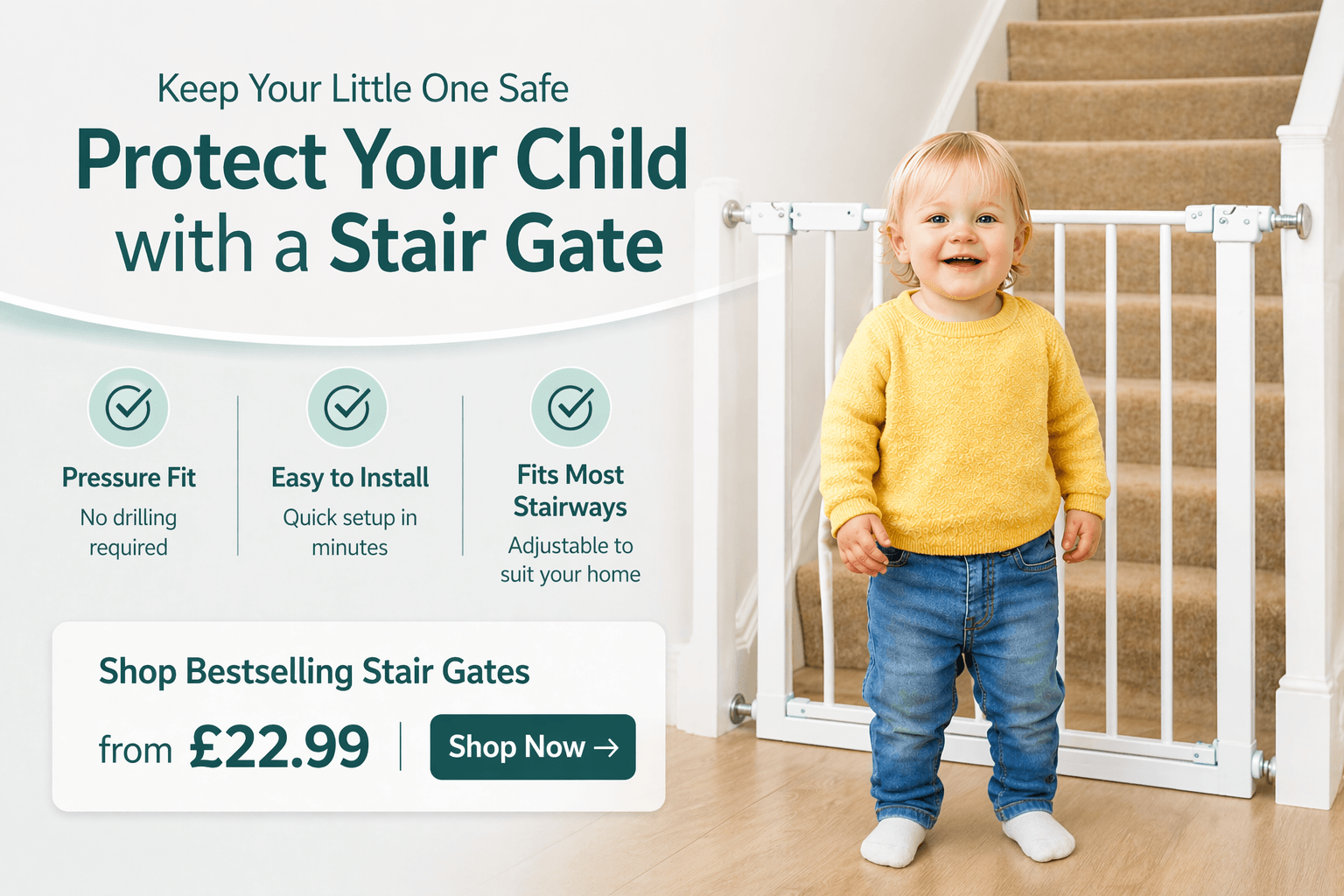 Child standing next to a stair gate with promotional text about safety gates on a white background