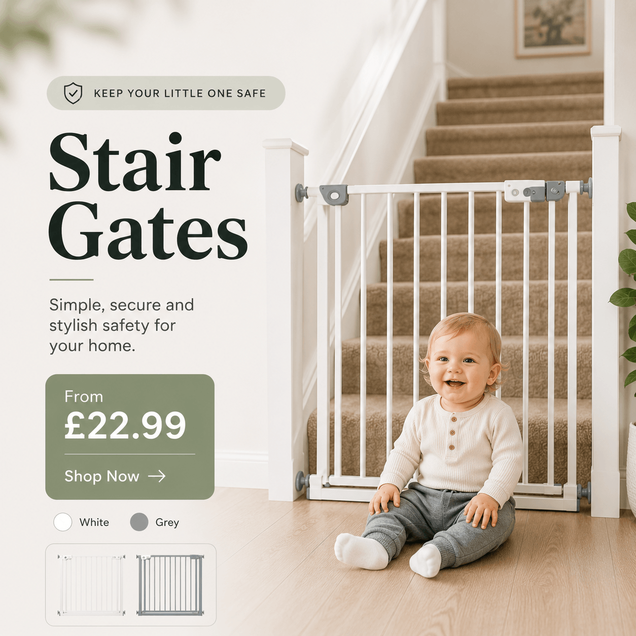 Baby sitting on the floor next to a stair gate with promotional text and pricing.