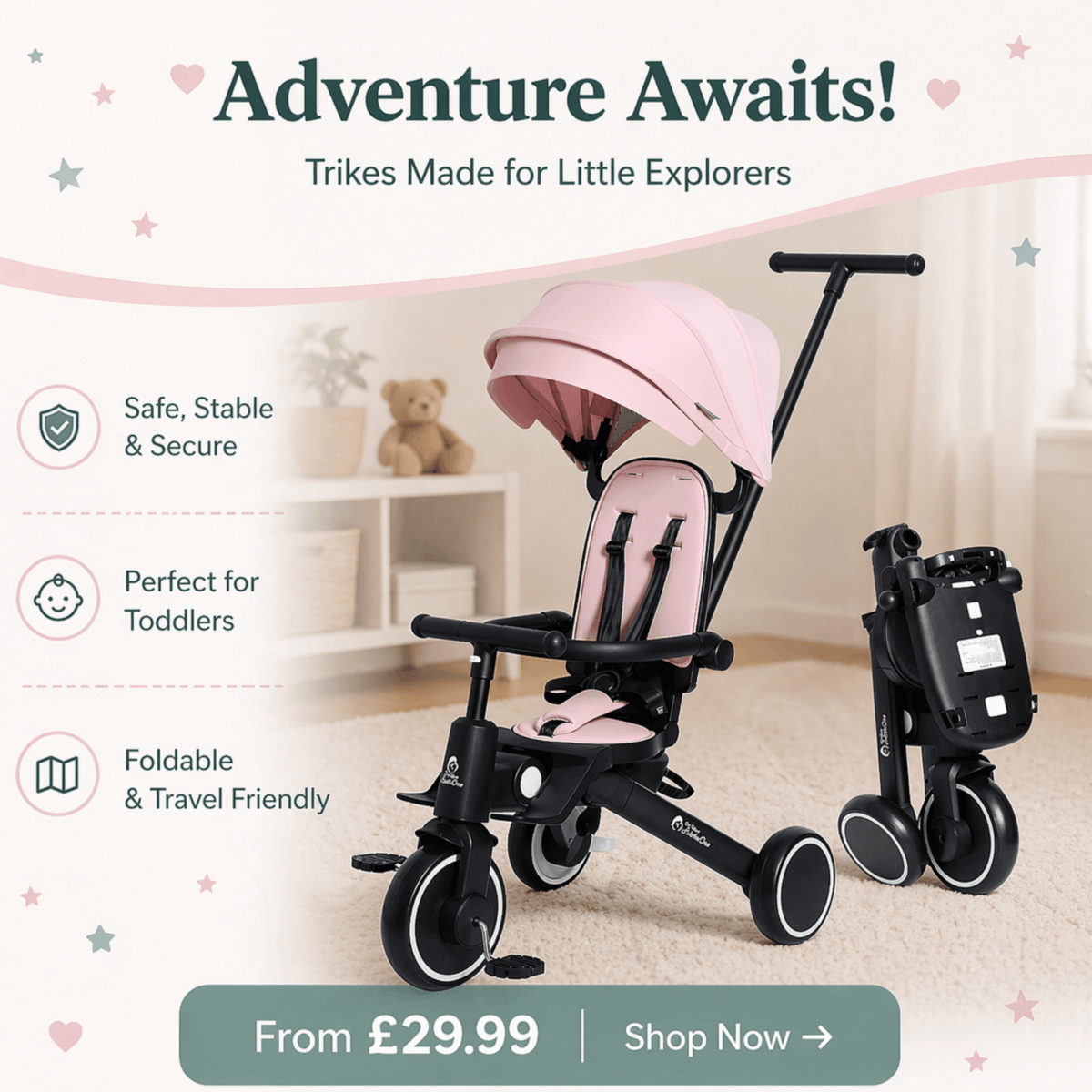 Pink and black stroller with canopy on a light background, featuring text about safety and features.