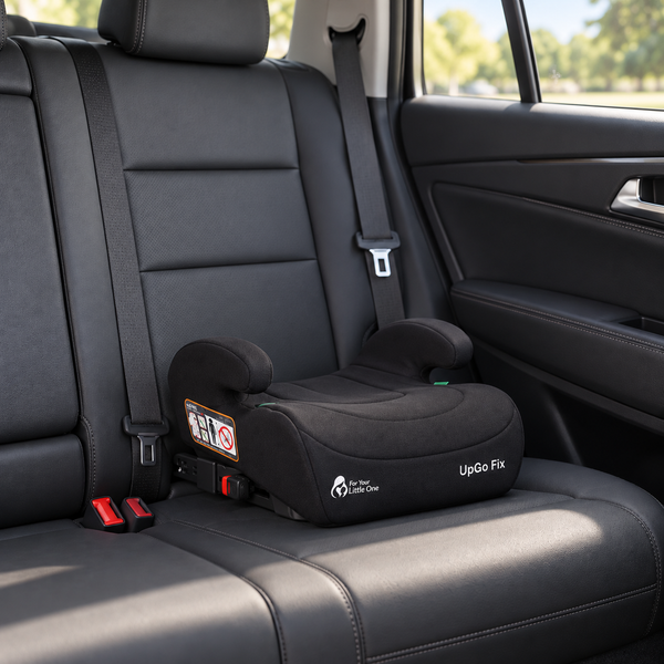 Midnight black UpGo Fix ISOFIX booster seat installed on a car back seat