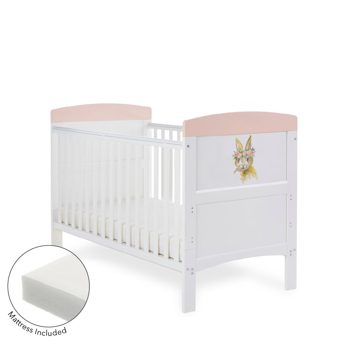 Obaby Grace Inspire Cot Bed + Fibre Mattress - Water Colour Rabbit Pink -  | For Your Little One