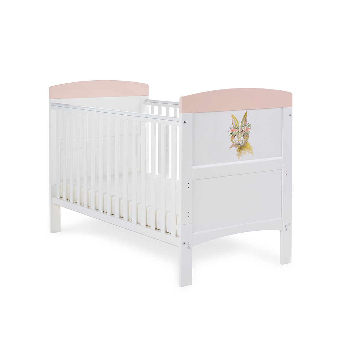 Obaby Grace Inspire Cot Bed + Fibre Mattress - Water Colour Rabbit Pink -  | For Your Little One