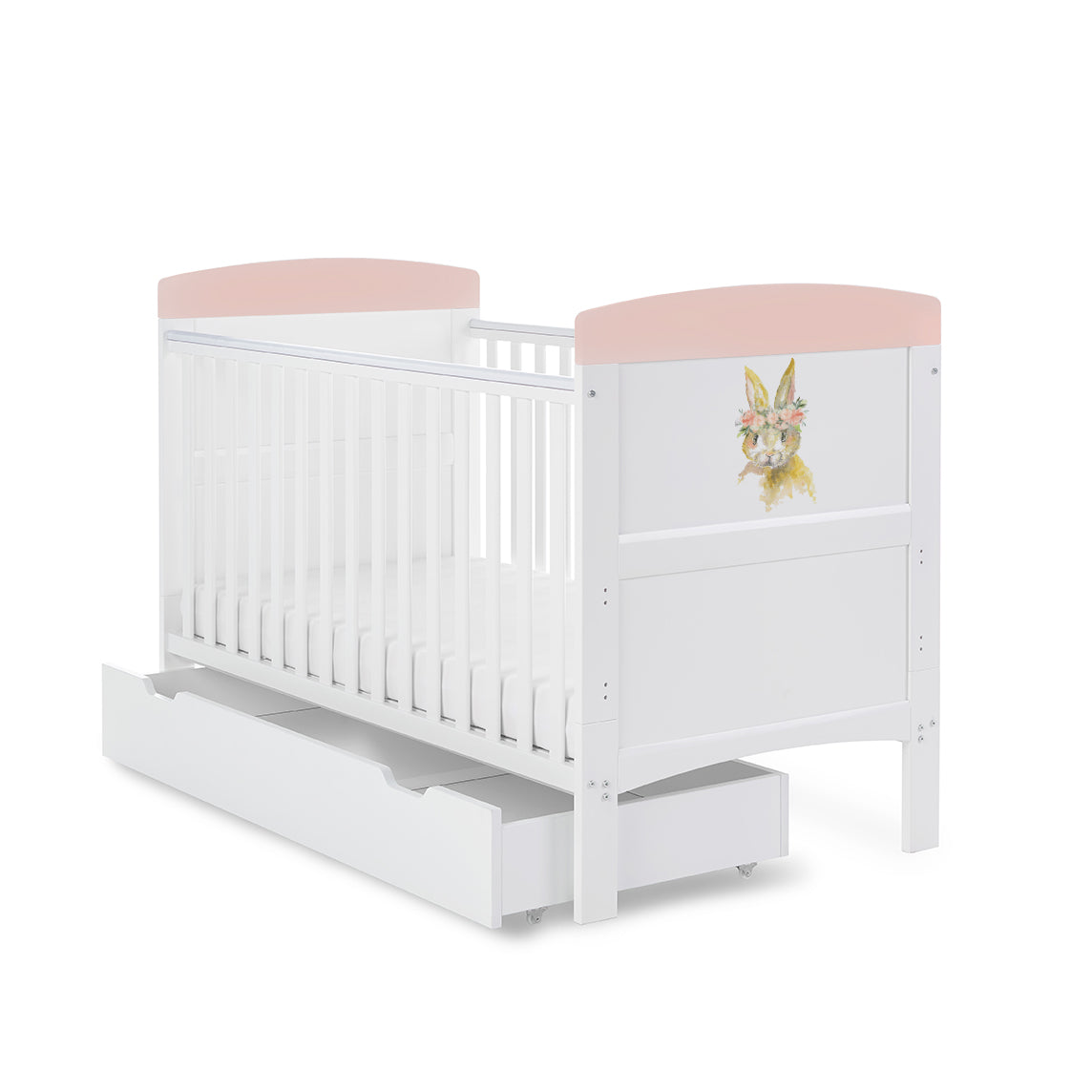 Obaby Grace Inspire Cot Bed & Under Drawer - Water Colour Rabbit Pink -  | For Your Little One