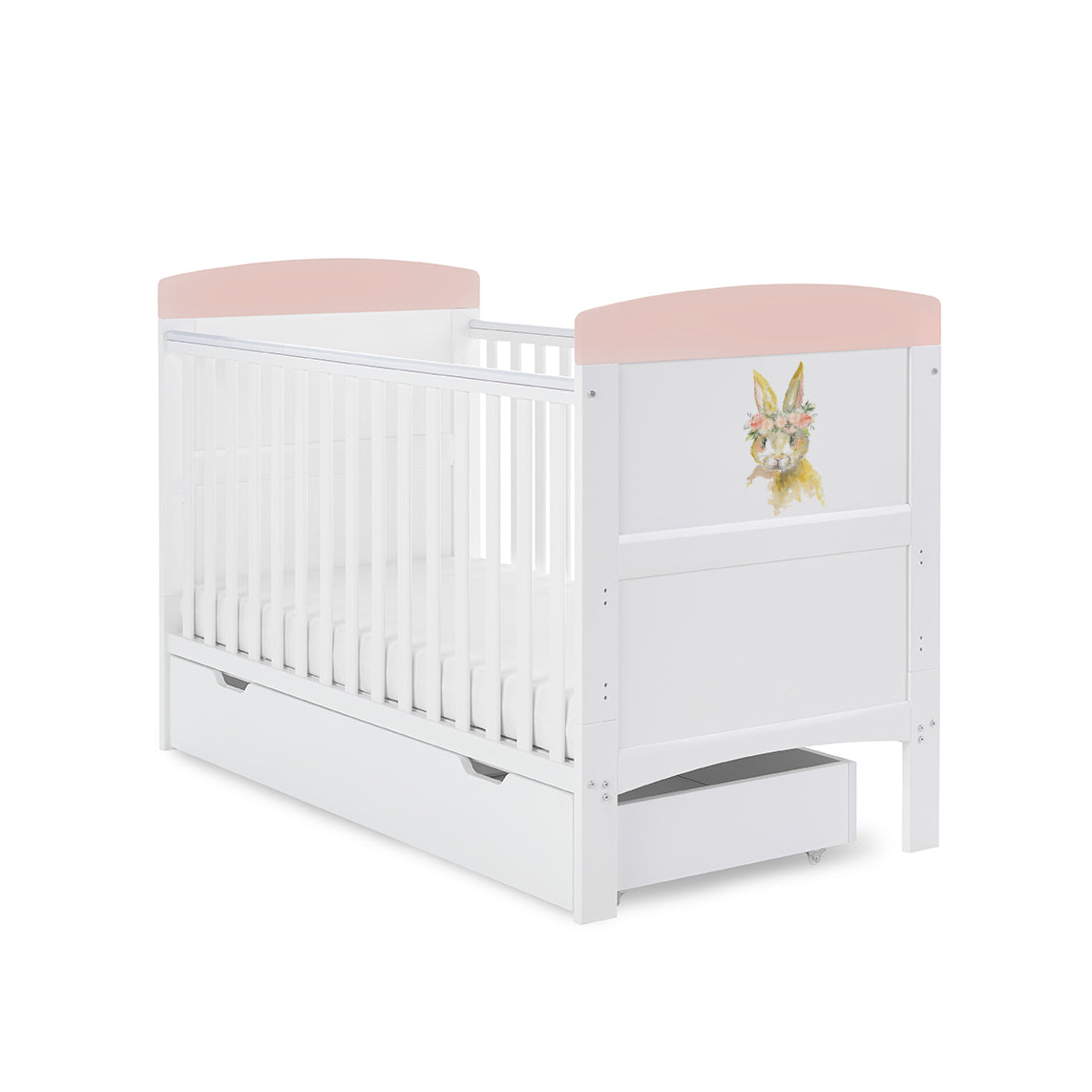 Obaby Grace Inspire Cot Bed & Under Drawer - Water Colour Rabbit Pink -  | For Your Little One