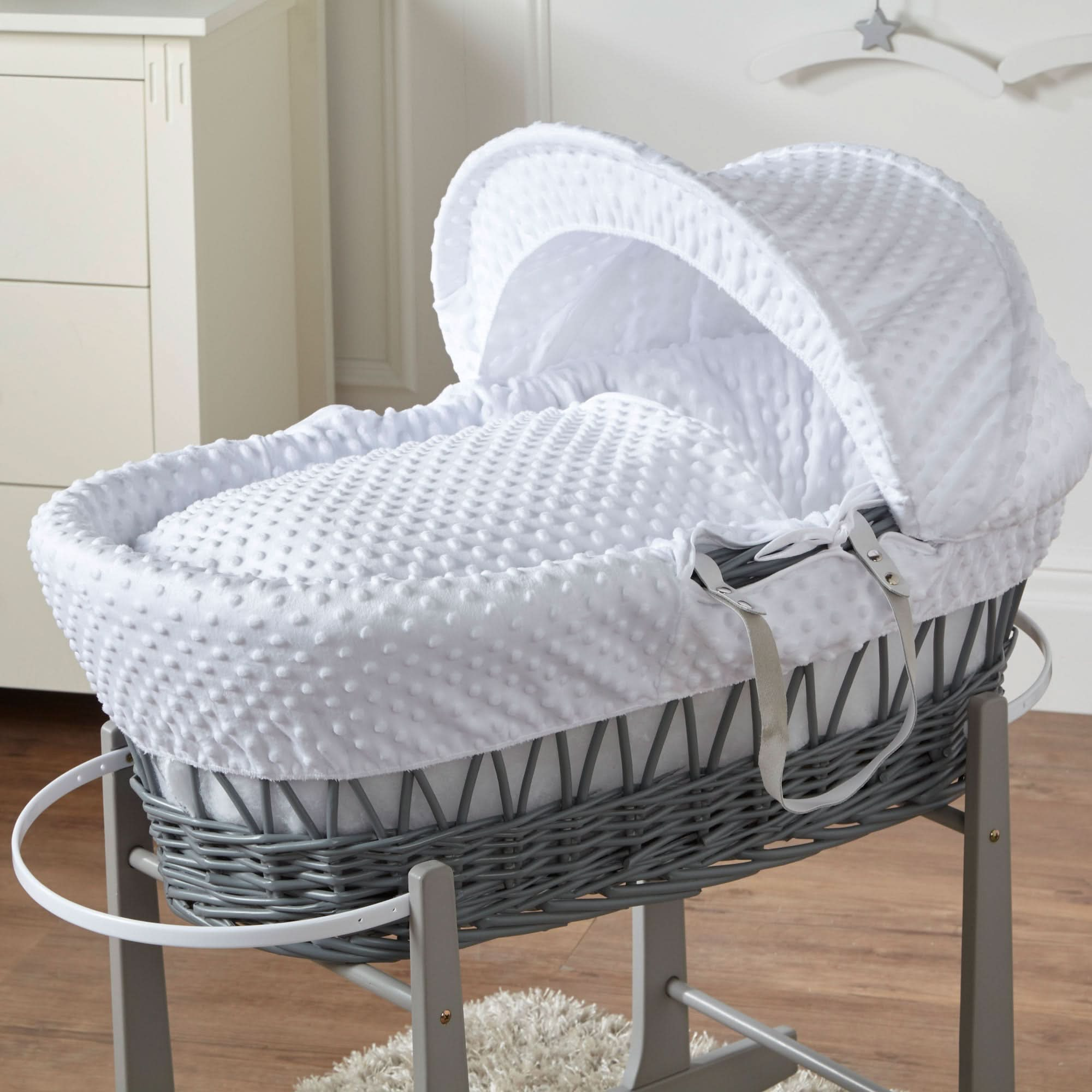 White Dimple Grey Wicker Baby Moses Basket With Stand   