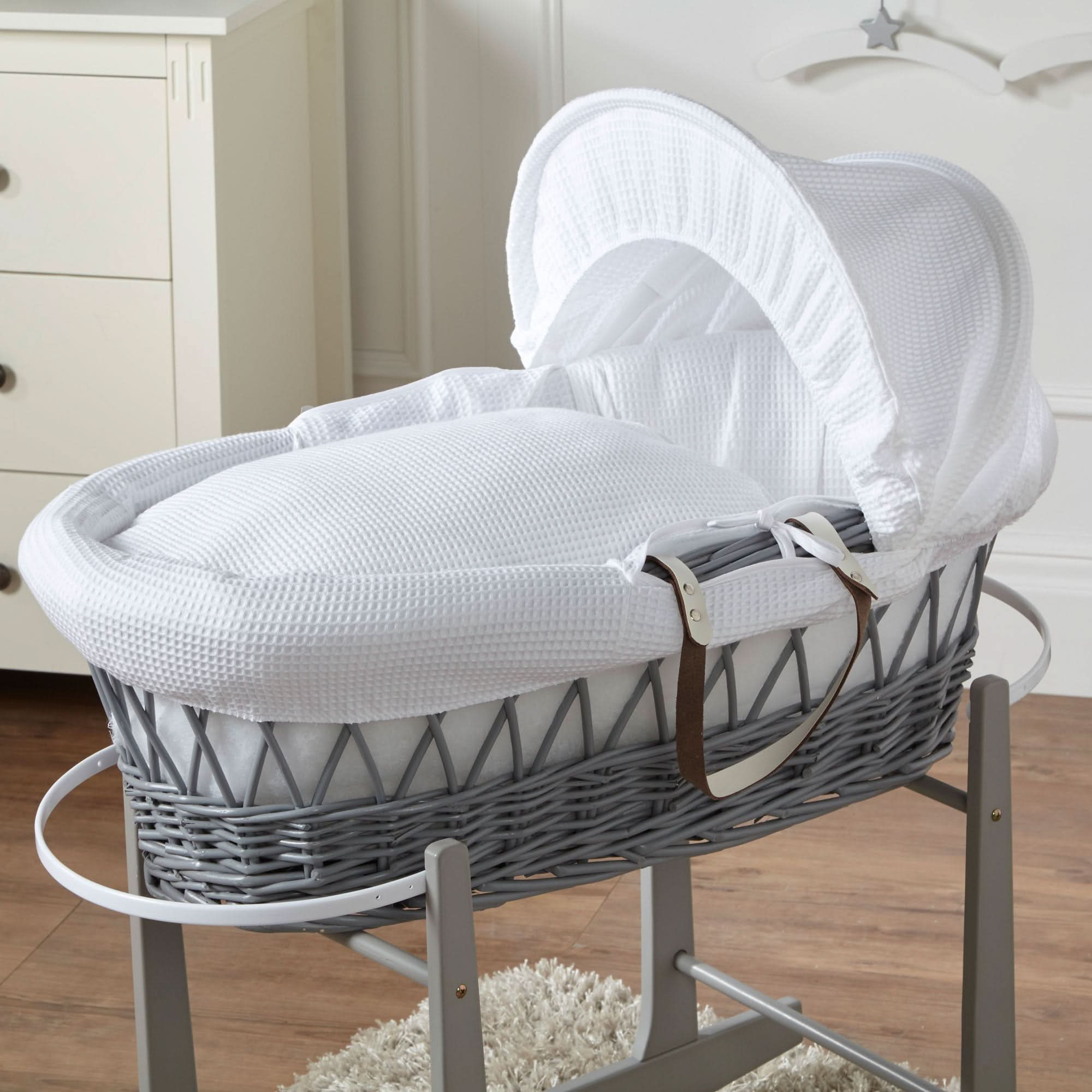 White Waffle Grey Wicker Baby Moses Basket With Stand   