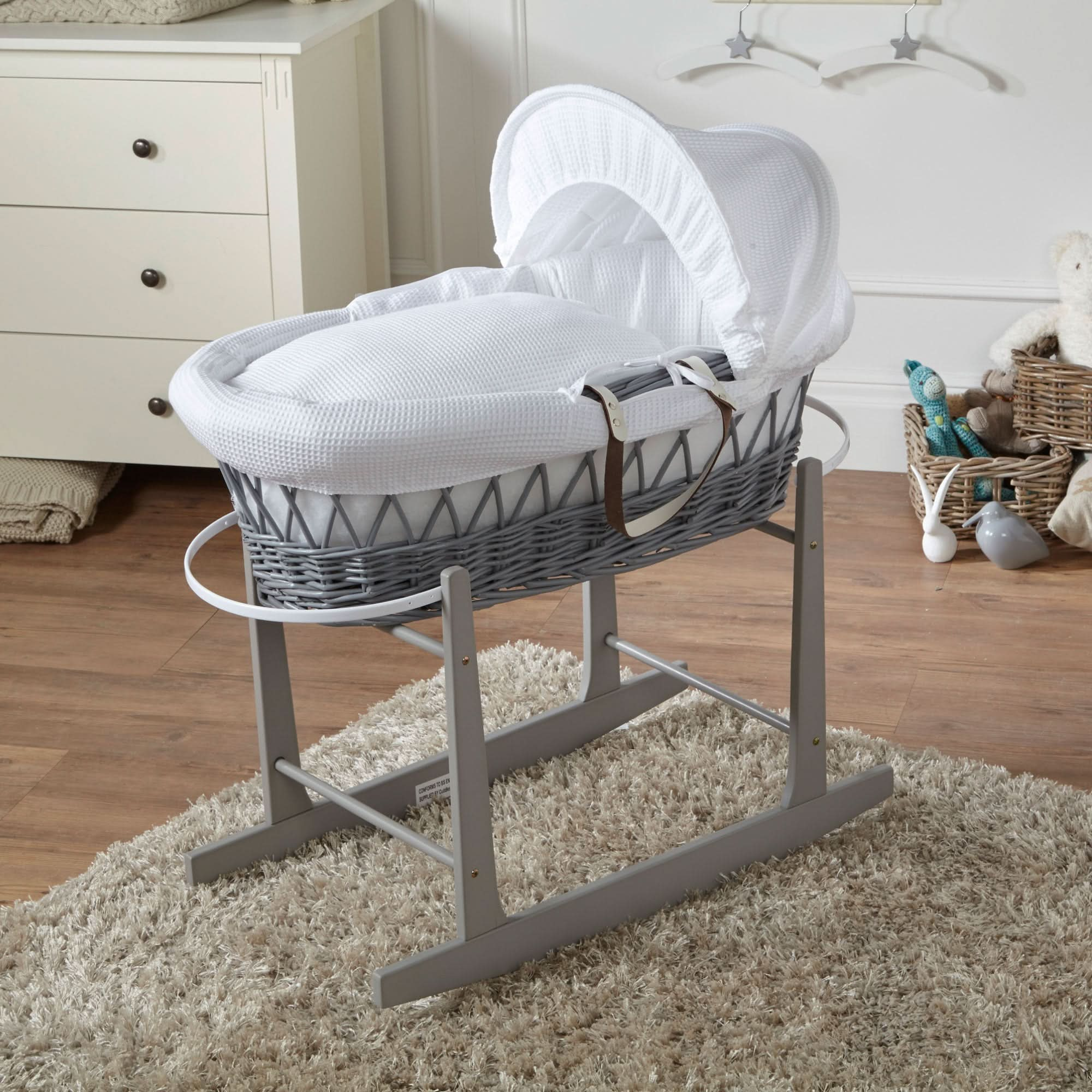 White Waffle Grey Wicker Baby Moses Basket With Stand   