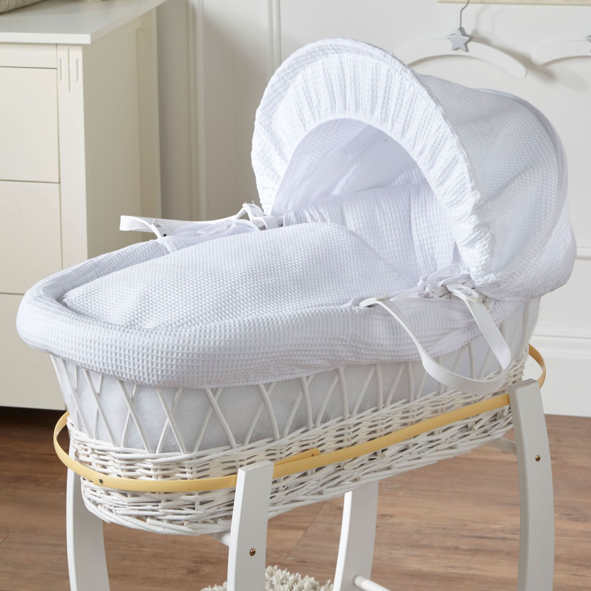 White Waffle White Wicker Baby Moses Basket With Stand   