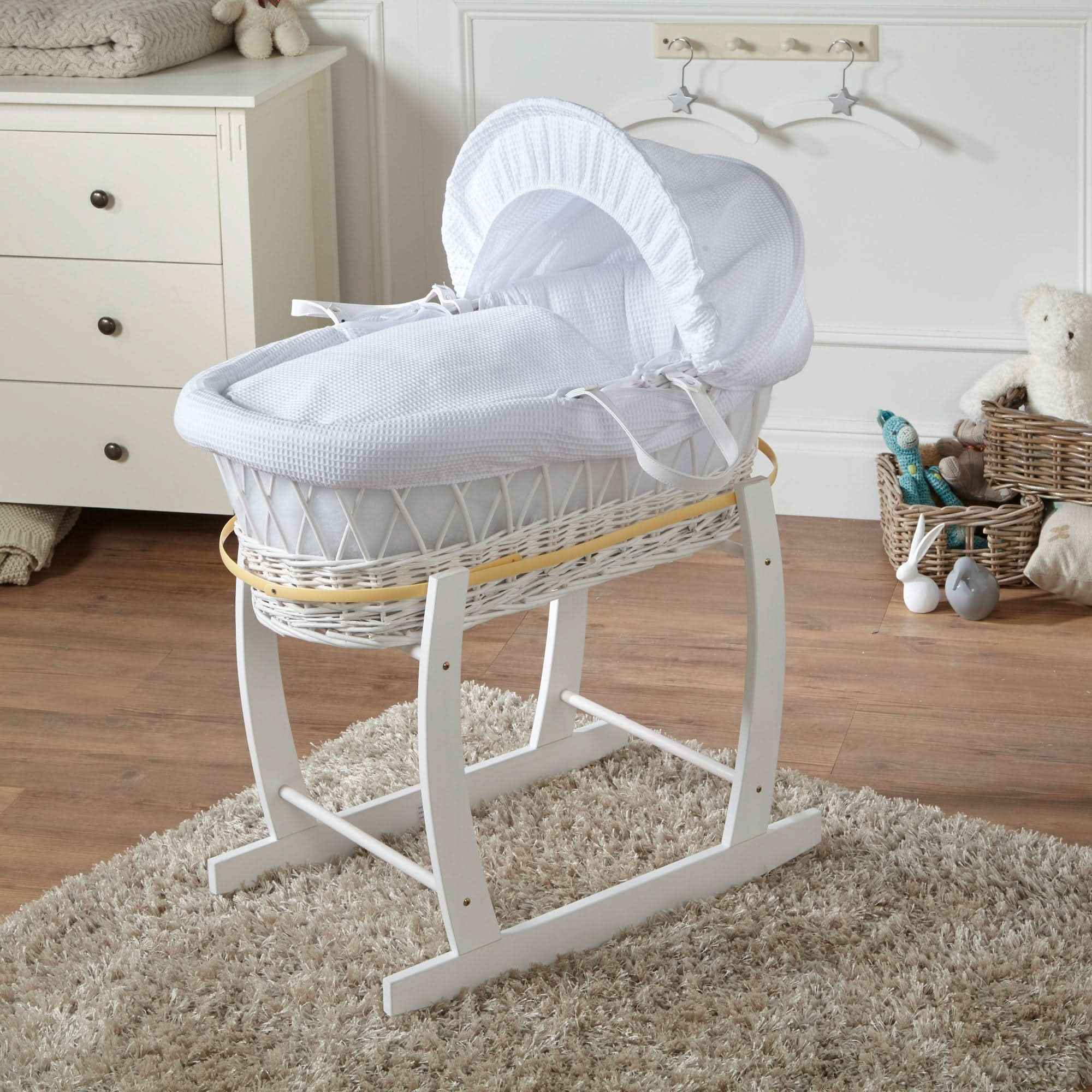 White Waffle White Wicker Baby Moses Basket With Stand   