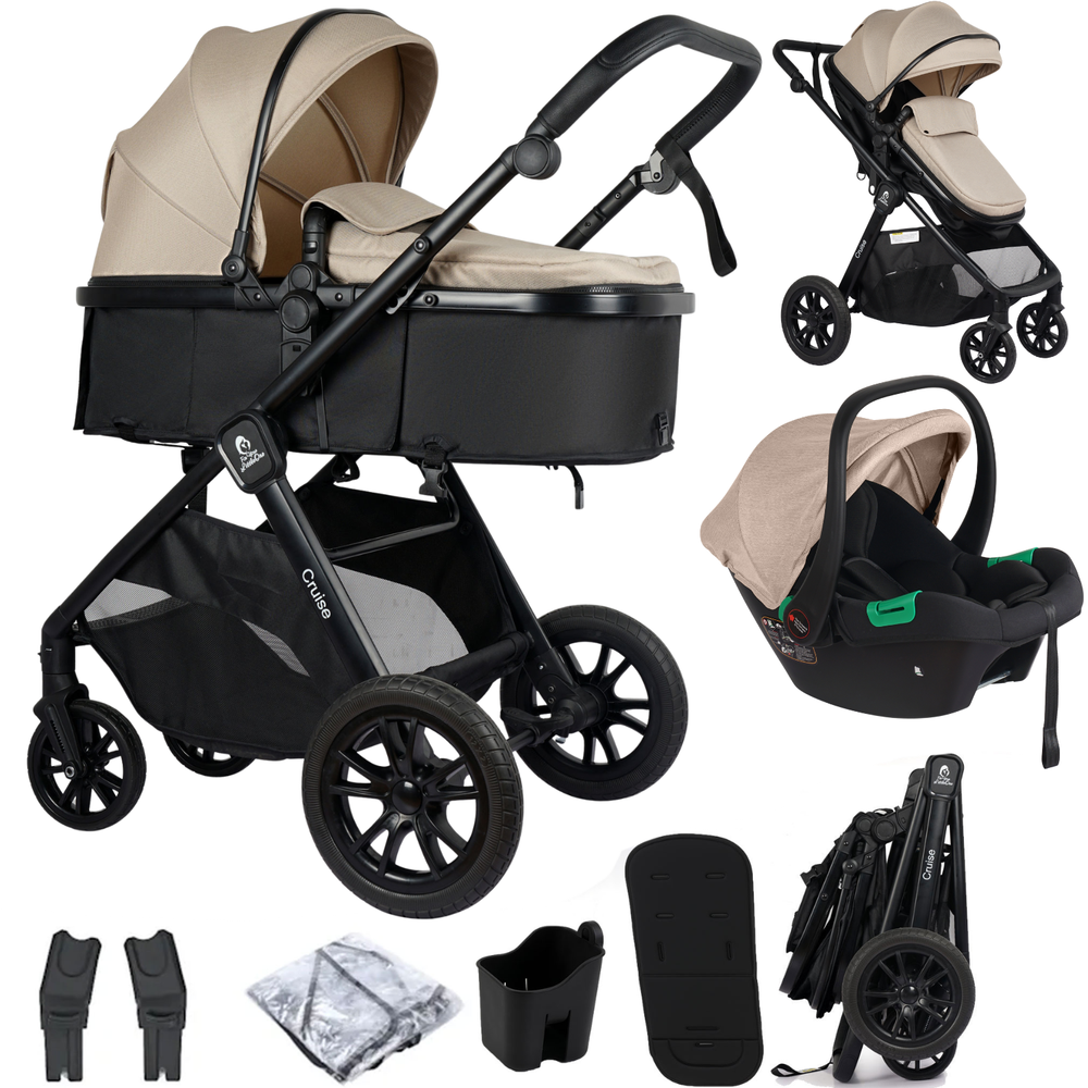 Beige 3-in-1 travel system stroller with removable car seat, liner and adapters