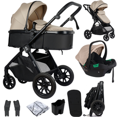 Beige 3-in-1 travel system stroller with removable car seat, liner and adapters