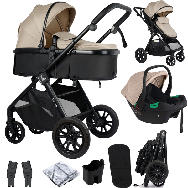 Beige 3-in-1 travel system stroller with removable car seat, liner and adapters