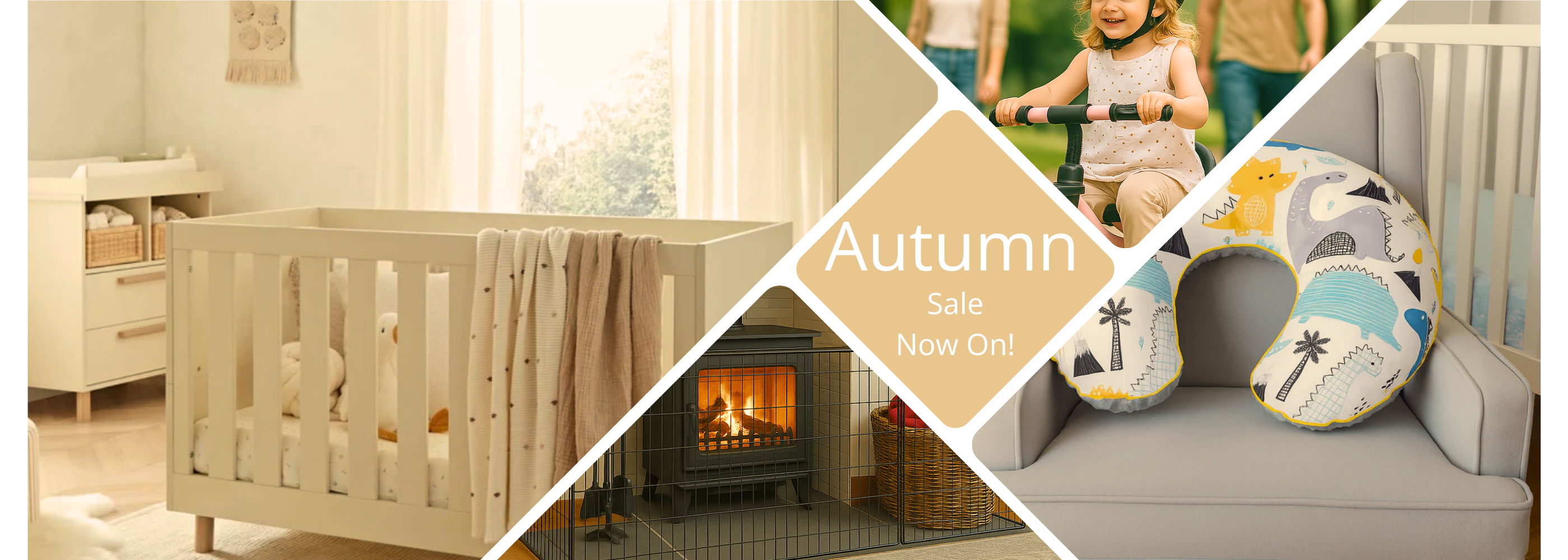 Collage of a crib, fireplace, and pillows with 'Autumn Sale' text.
