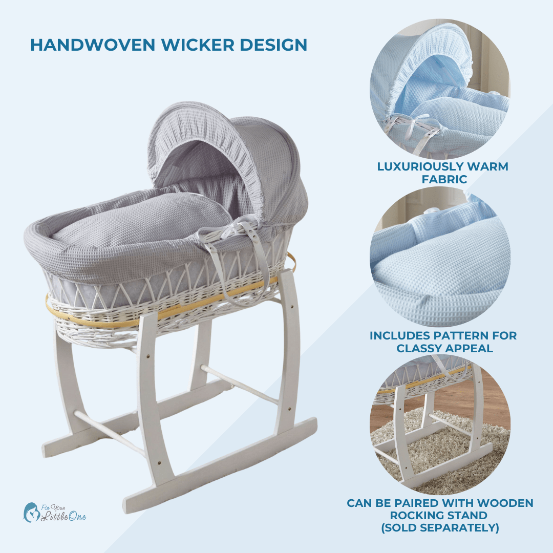 Pink Waffle Grey Wicker Moses Basket with Stand | Newborn Bed Pink Waffle Grey Wicker Moses Basket with Stand | Newborn Bed