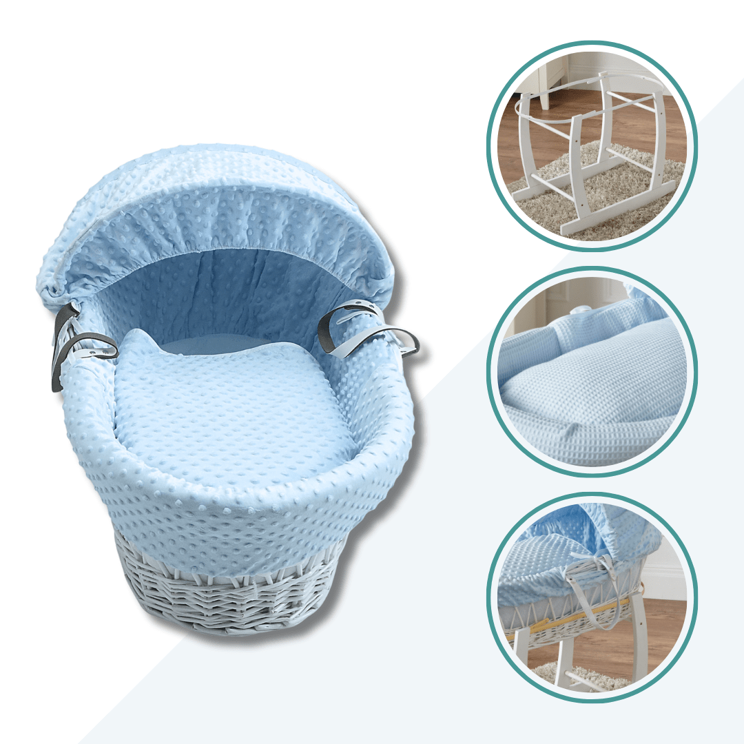 Blue Waffle White Wicker Baby Moses Basket With Stand - For Your Little One