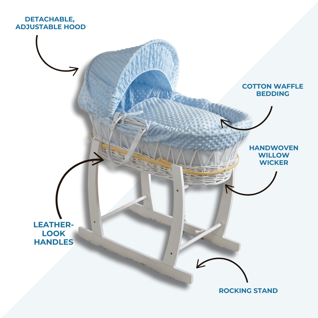 Blue Waffle White Wicker Baby Moses Basket With Stand - For Your Little One