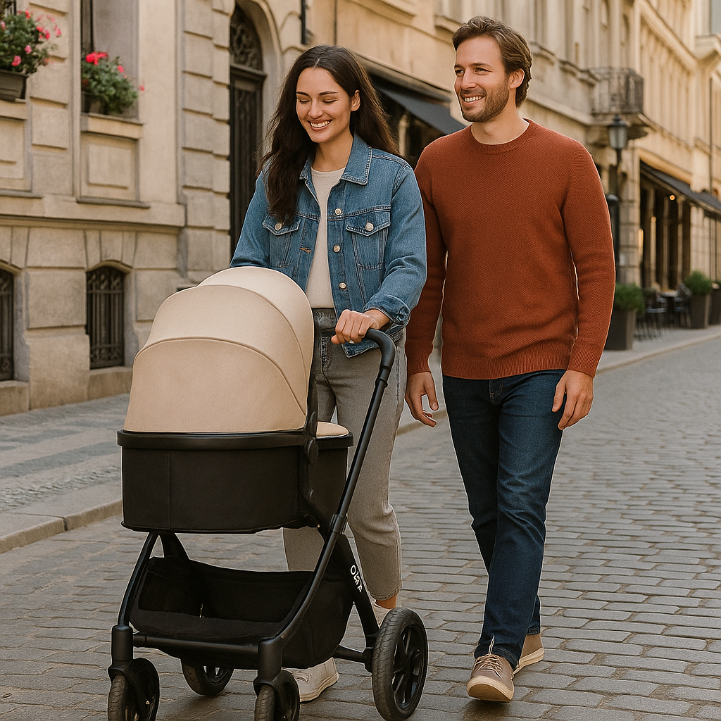 Man and woman walking with a baby stroller on a city street.