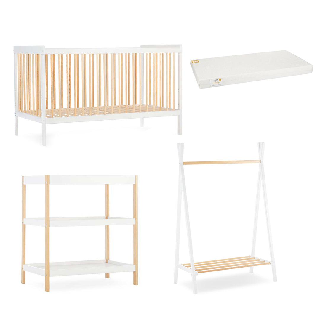CuddleCo Nola 3 Piece Set Changer, Cot Bed + Clothes Rail - White/Natural - For Your Little One