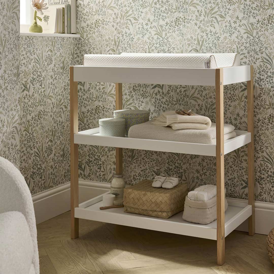 CuddleCo Nola 3 Piece Set Changer, Cot Bed + Clothes Rail - White/Natural - For Your Little One