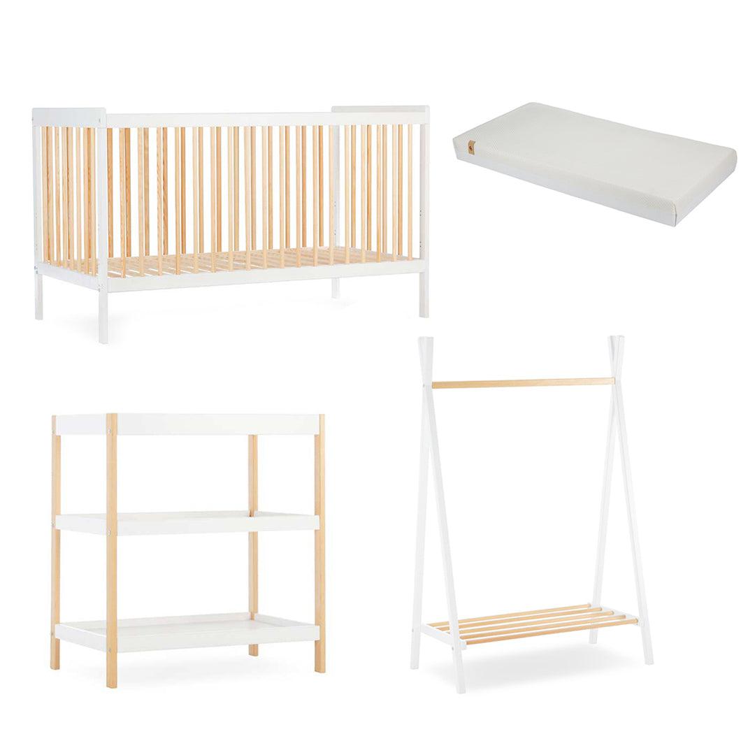 CuddleCo Nola 3 Piece Set Changer, Cot Bed + Clothes Rail - White/Natural - For Your Little One